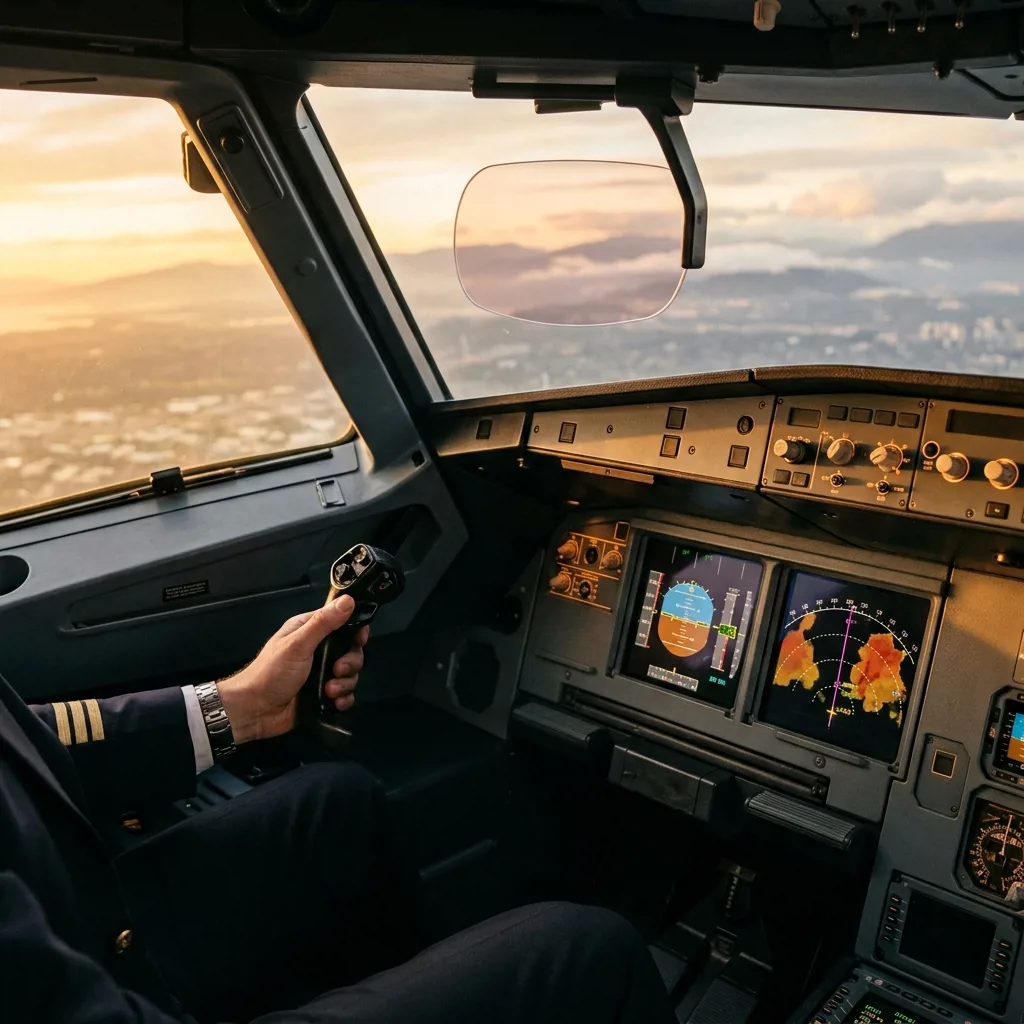 Кабина пилота Airbus A320, штурвал и дисплеи навигации