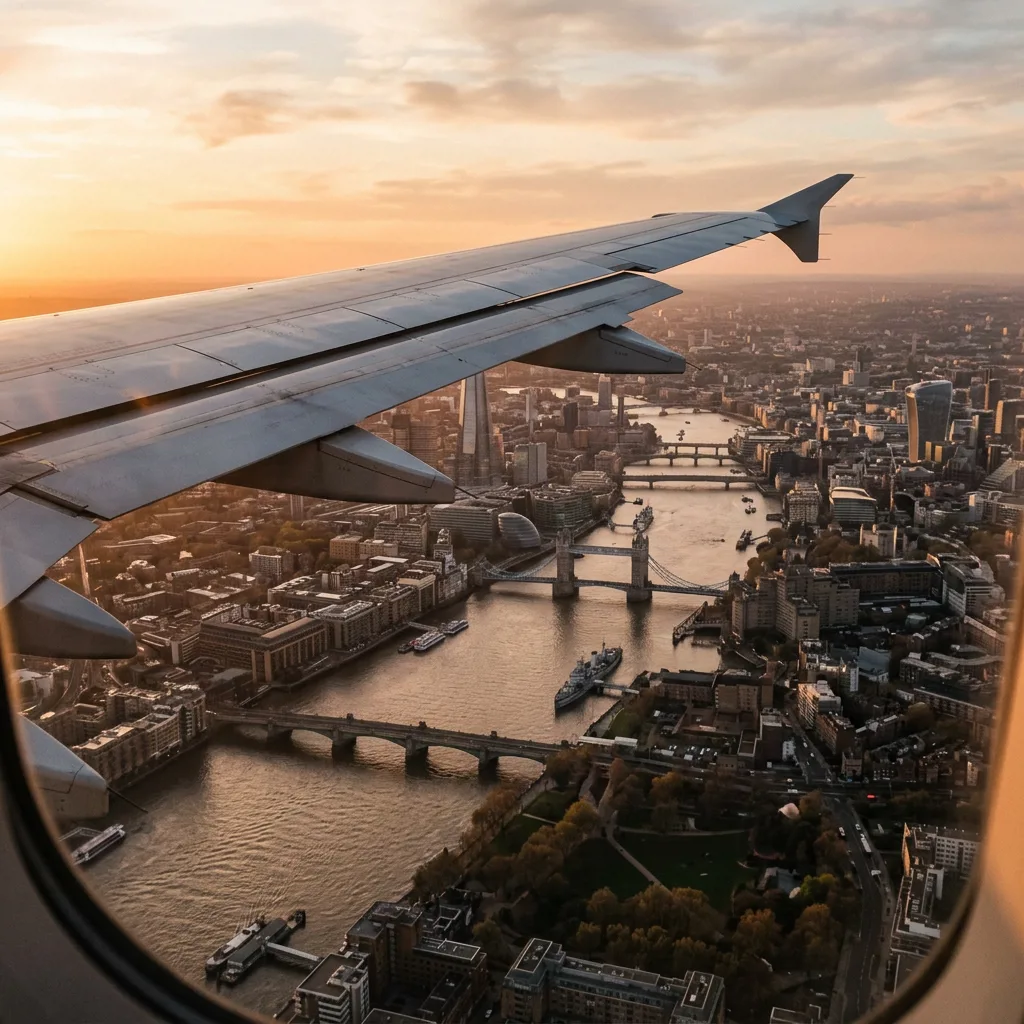 Камера на крыле самолета снимает панораму города