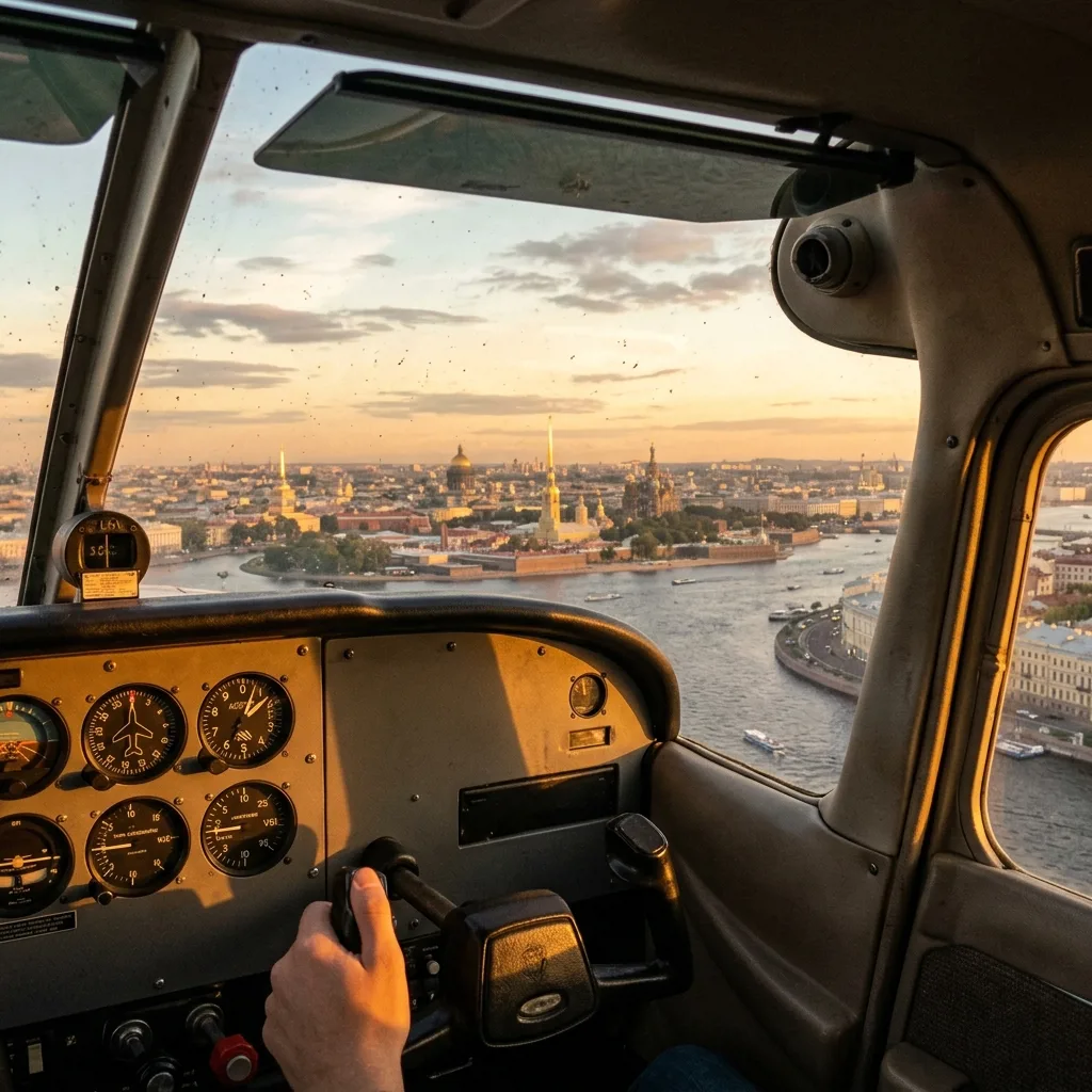 Вид из кабины Cessna 172 на Неву и центр Санкт-Петербурга