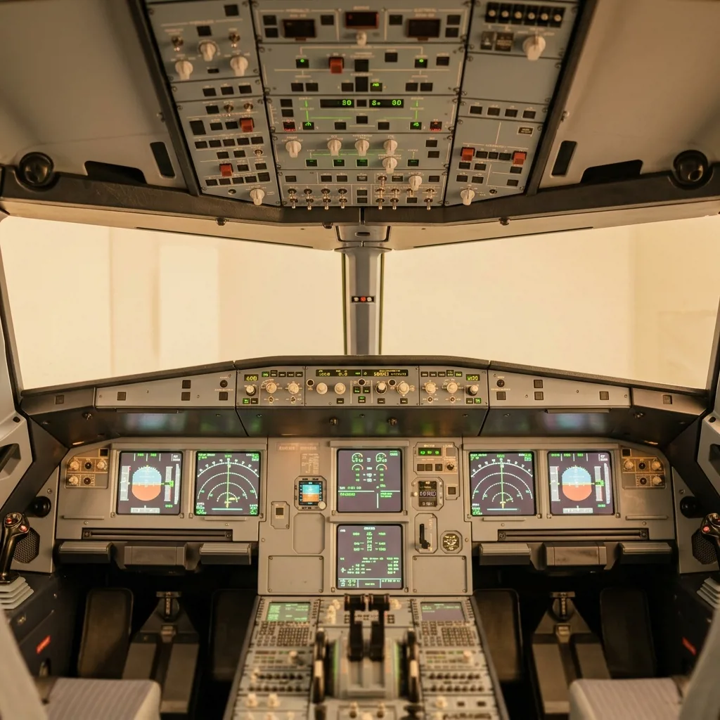 Панорамный вид кокпита авиатренажера Airbus A320