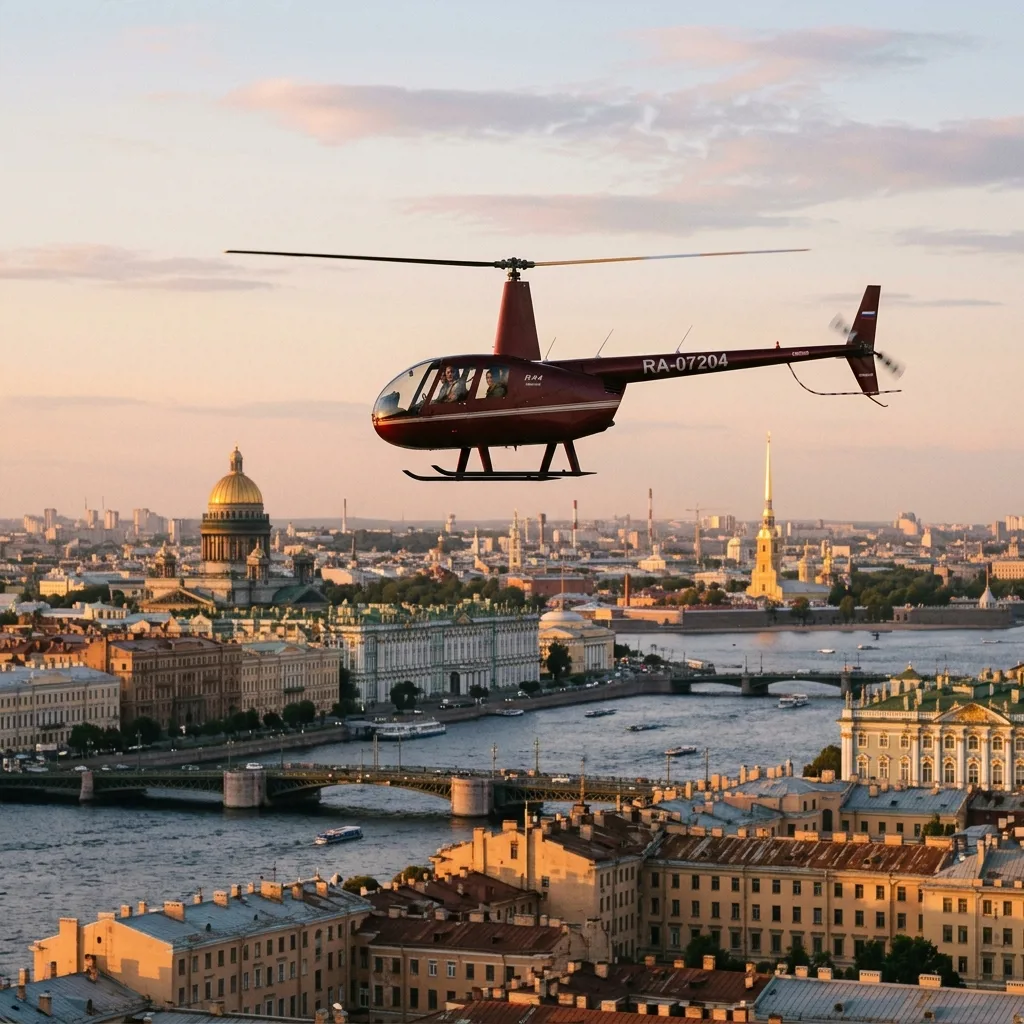 Вертолет Robinson R44 в полете над Санкт-Петербургом