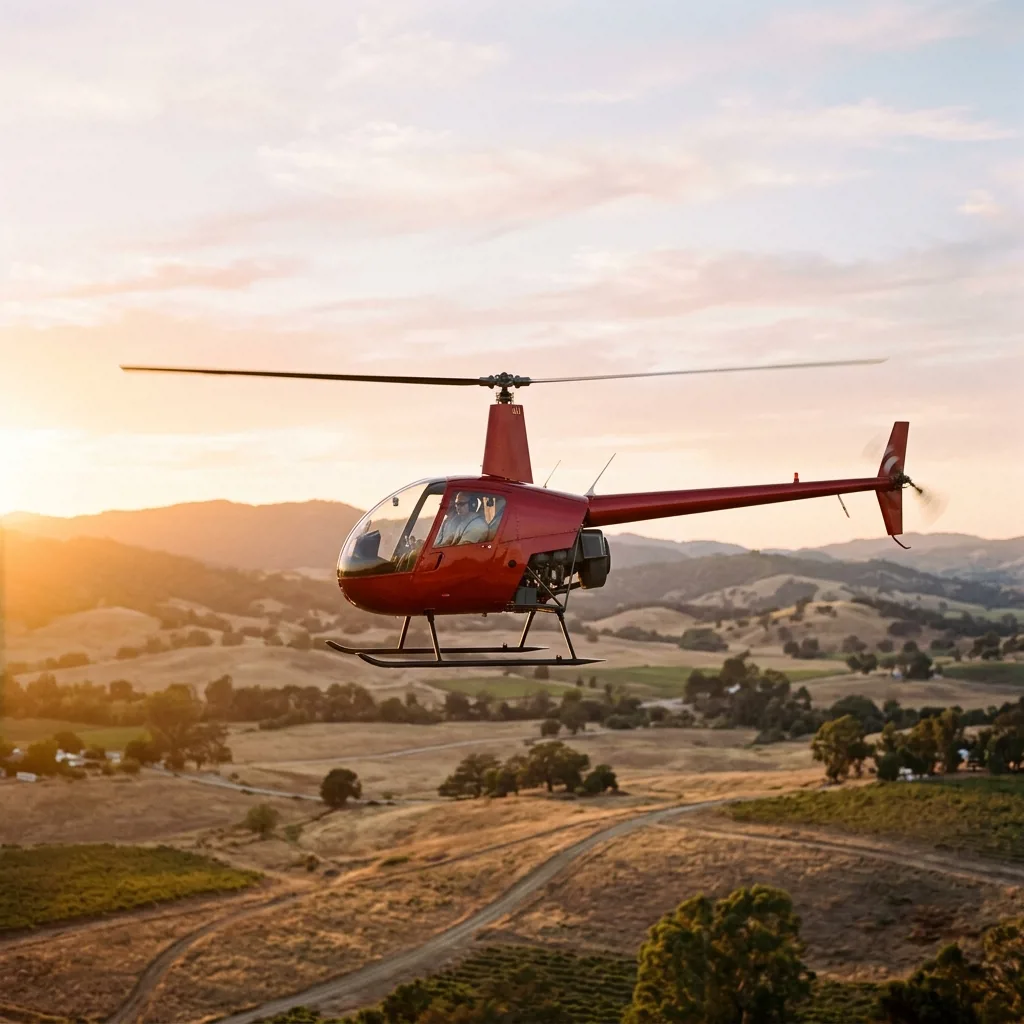 Вертолет Robinson R22 красного цвета в полете