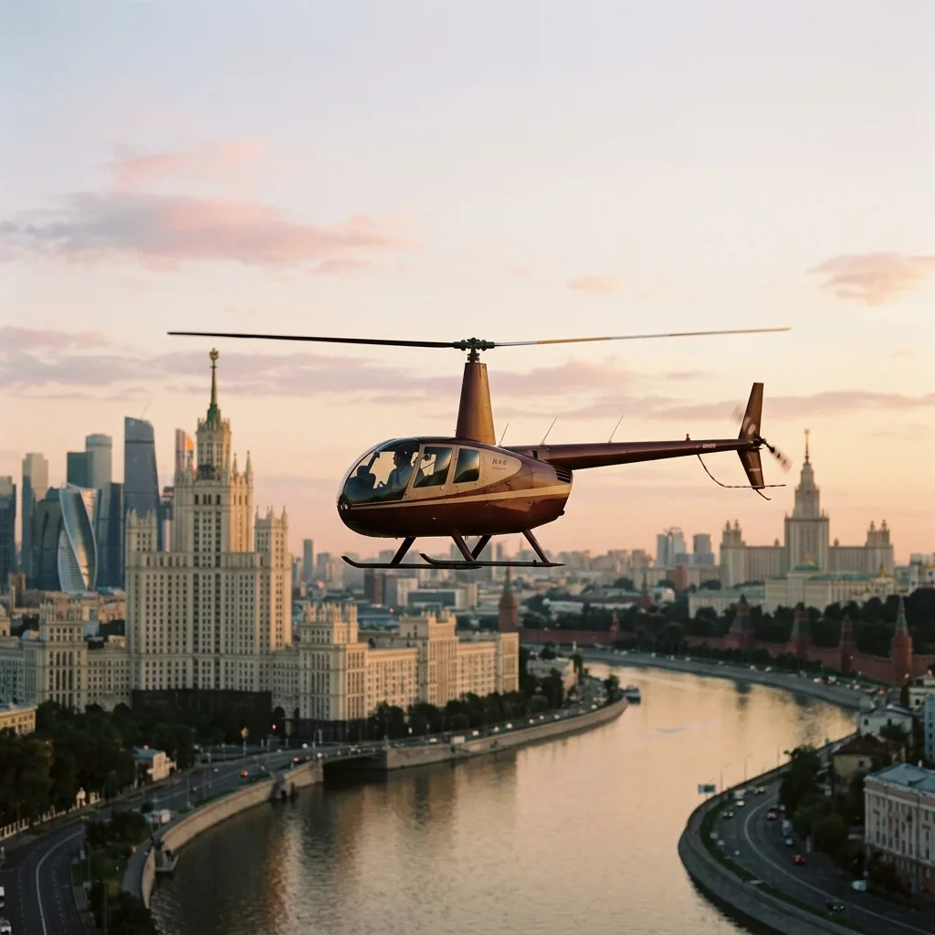 Вертолет Robinson R44 на фоне панорамы Москвы-реки