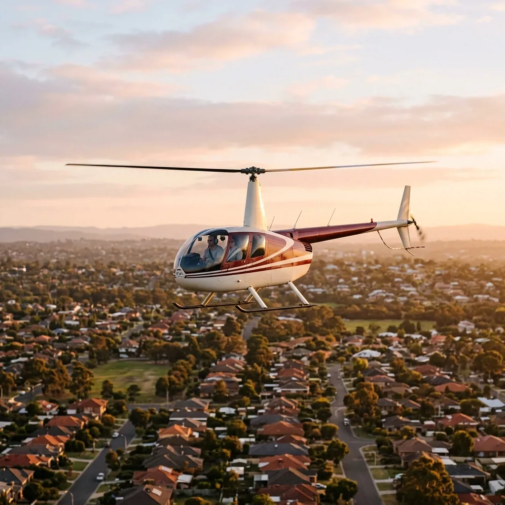 Вертолет Robinson R44 над городской застройкой