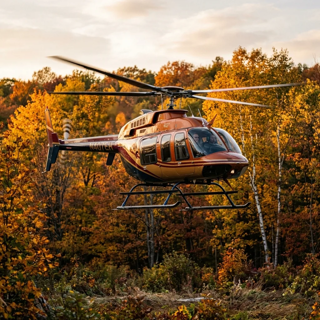 Вертолет Bell 407 в полете над лесным массивом