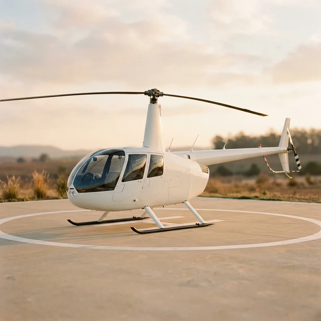 Вертолет Robinson R44 белого цвета на вертолетной площадке