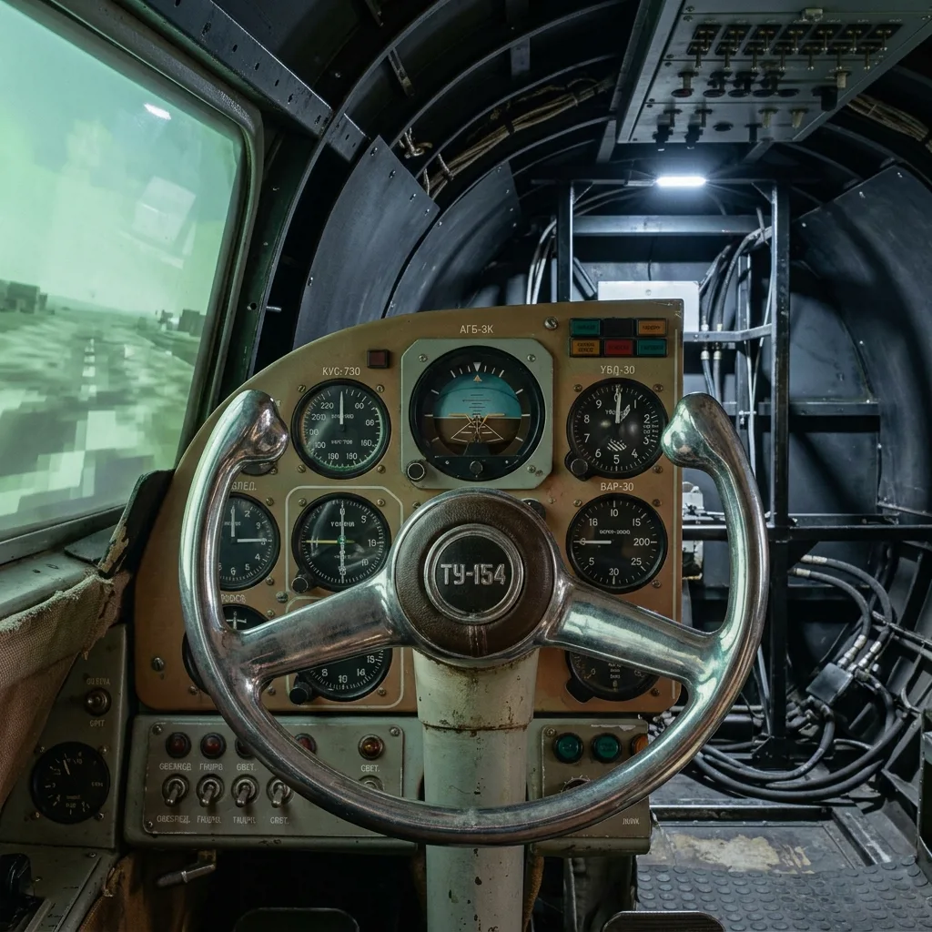 Классический кокпит Ту-154, советские приборы и штурвал