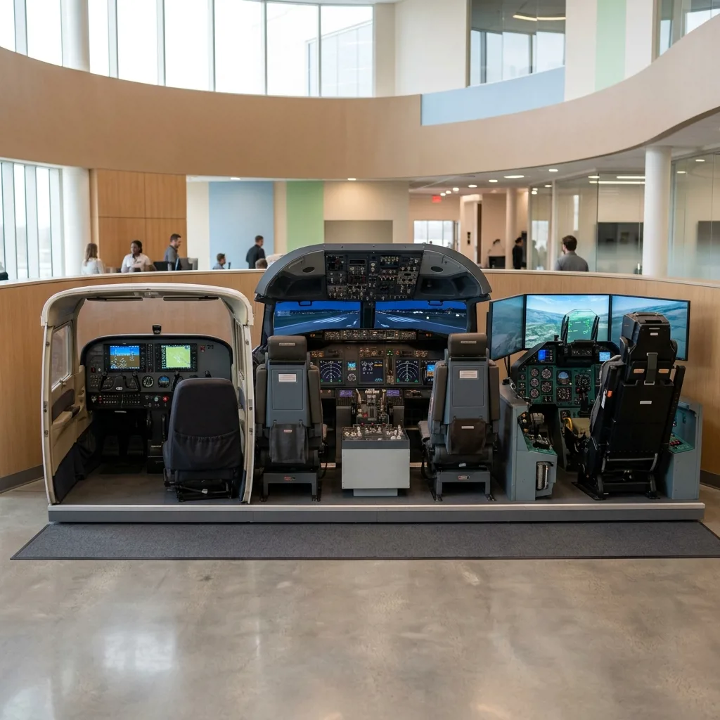 Ряд авиатренажёров в зале: Cessna, Boeing и Су-27