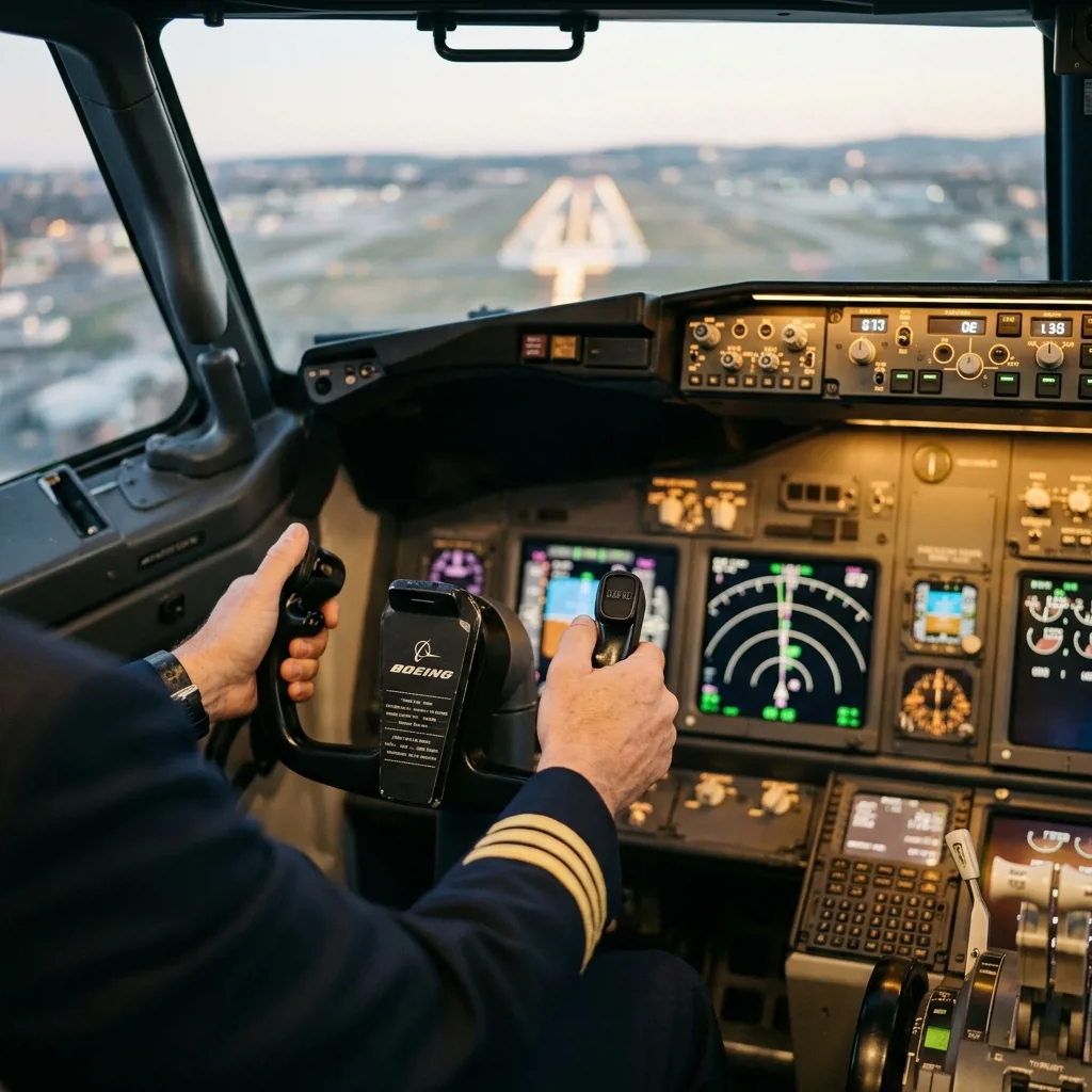 Пилот за штурвалом Boeing 737 в полноразмерном тренажёре