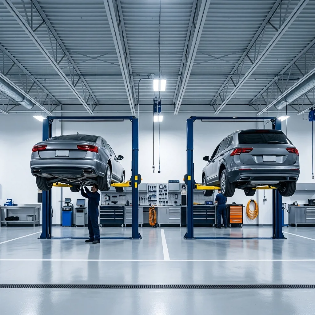 Зона ремонта автосервиса Ракета в Москве — подъёмники с автомобилями Audi и Volkswagen