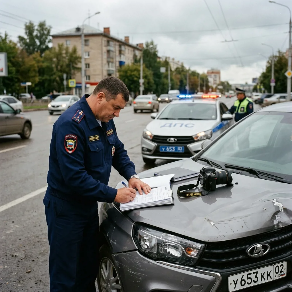 Оформление ДТП с регистрацией в ГИБДД Уфы, аварийный комиссар заполняет документы у автомобиля Lada Vesta