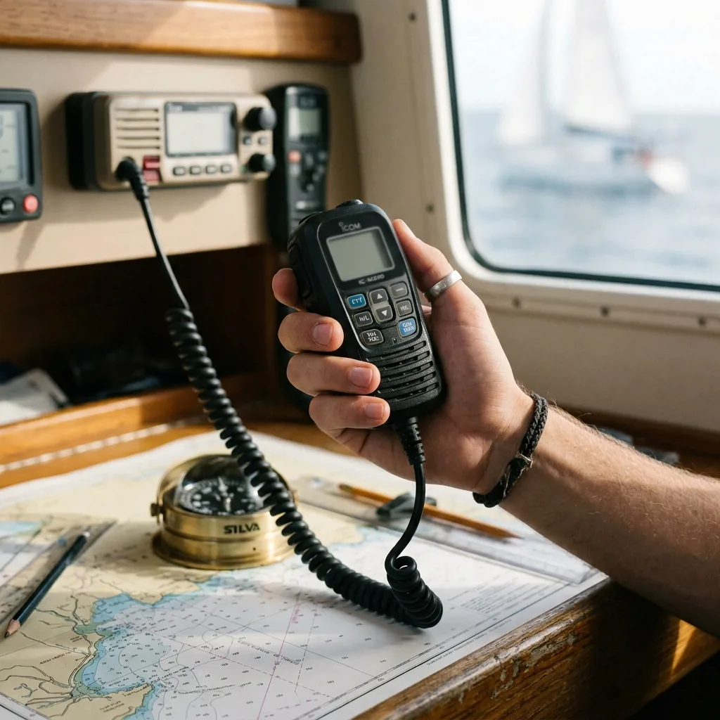 Курсант учится работать с бортовой радиостанцией VHF