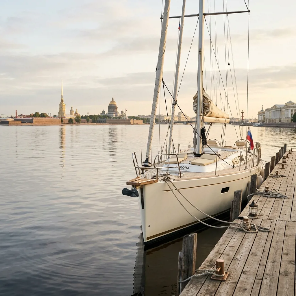 Парусная яхта на воде в Санкт-Петербурге у причала яхтенной школы