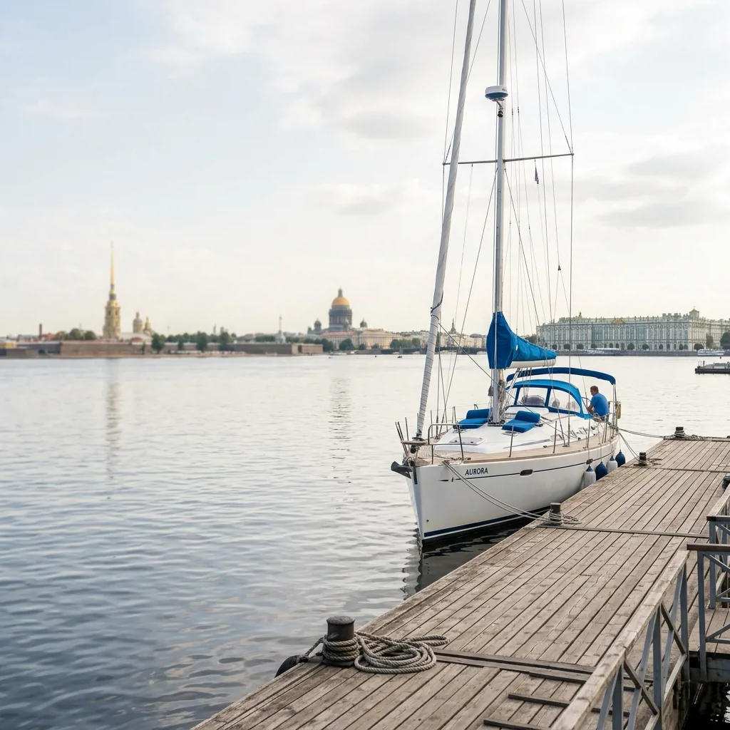 Парусная яхта на воде у причала в Санкт-Петербурге
