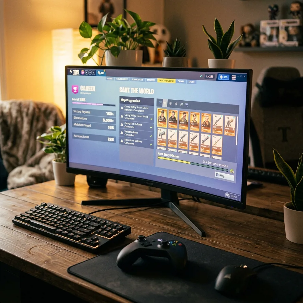 Высокий уровень аккаунта Fortnite с прогрессом PvE
