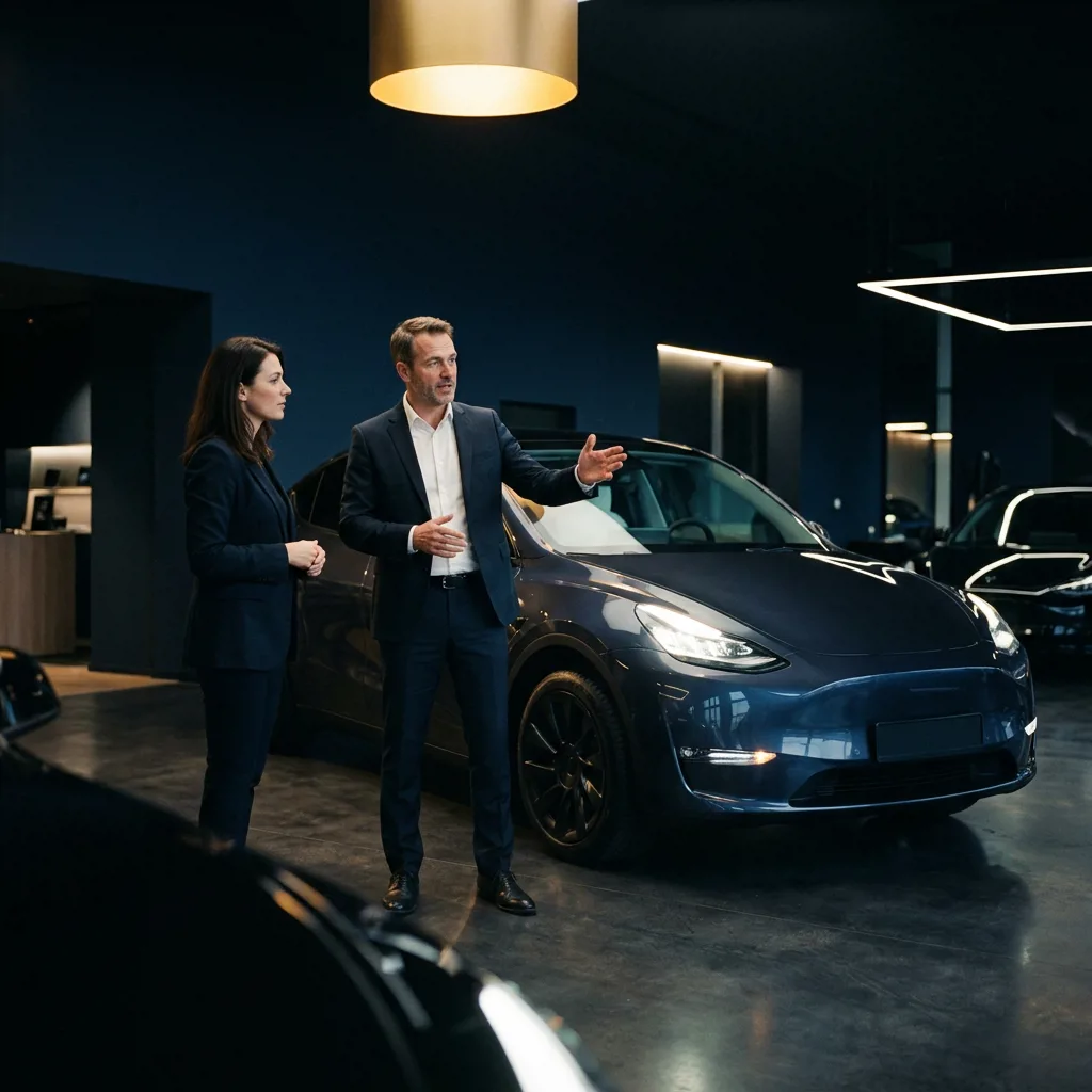 Менеджер демонстрирует клиенту электромобиль Geely в шоуруме