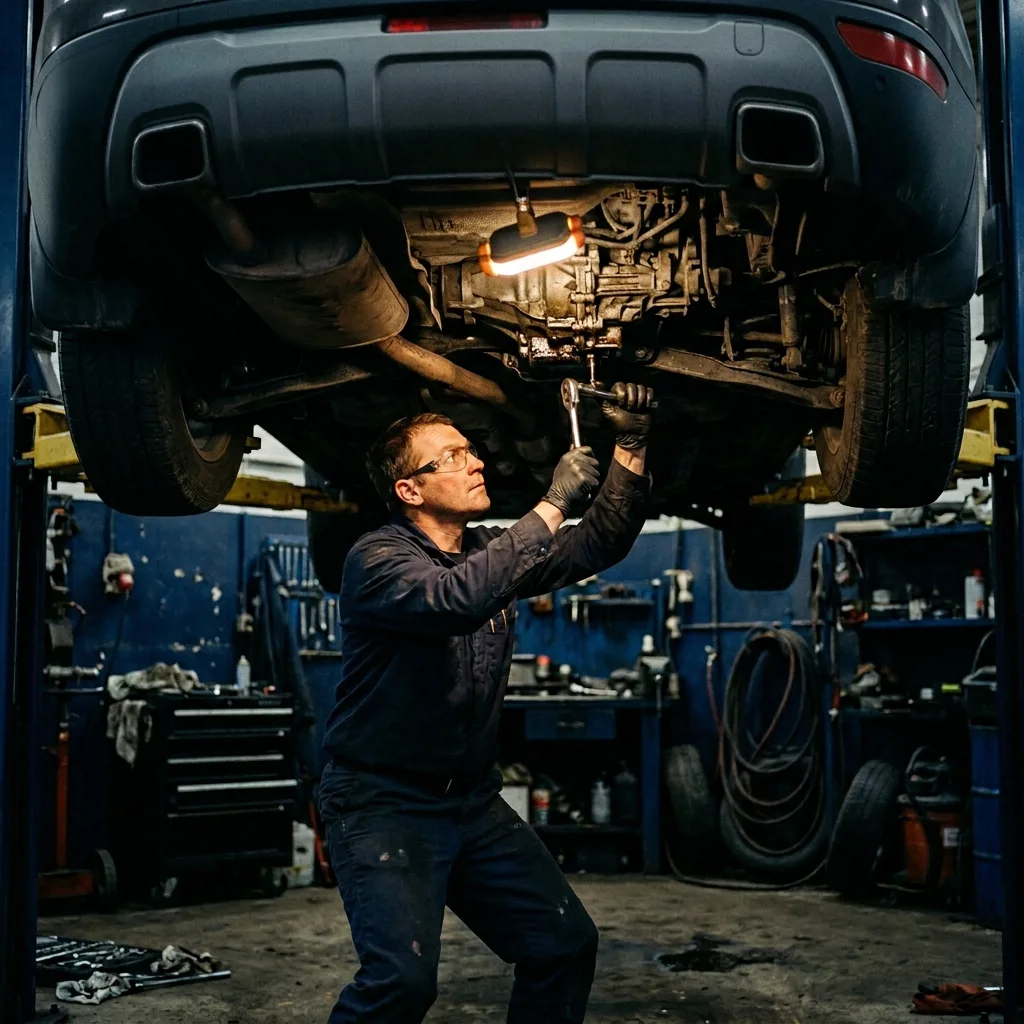 Механик проводит плановое техническое обслуживание автомобиля Geely