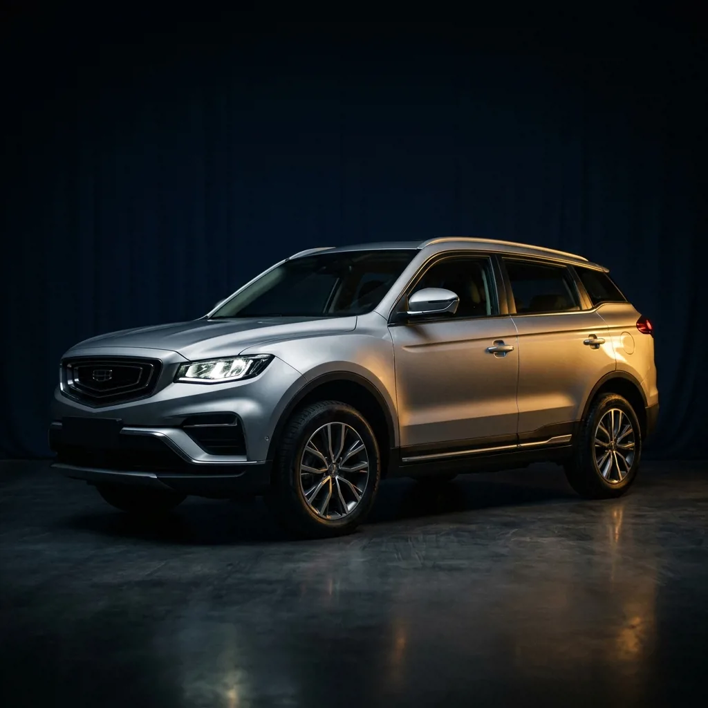 Geely Atlas серебристого цвета в профиль