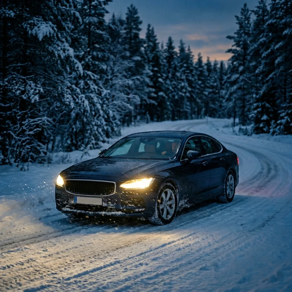 Geely Preface с полным приводом — темно-синий седан на заснеженной дороге