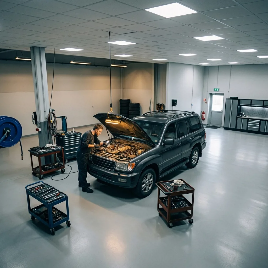 Механик проводит плановое техническое обслуживание автомобиля Geely в сервисном боксе