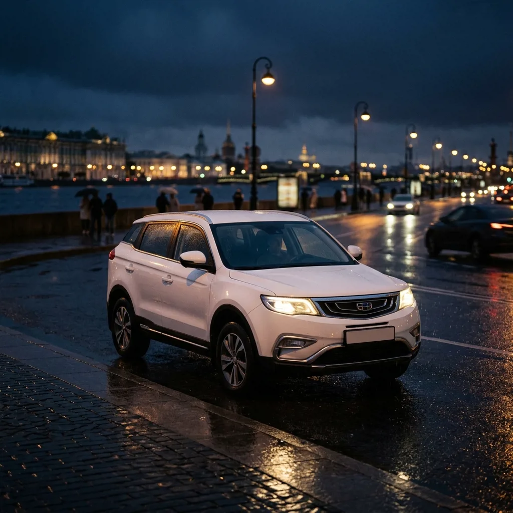 Geely Atlas белого цвета на улице Астрахани