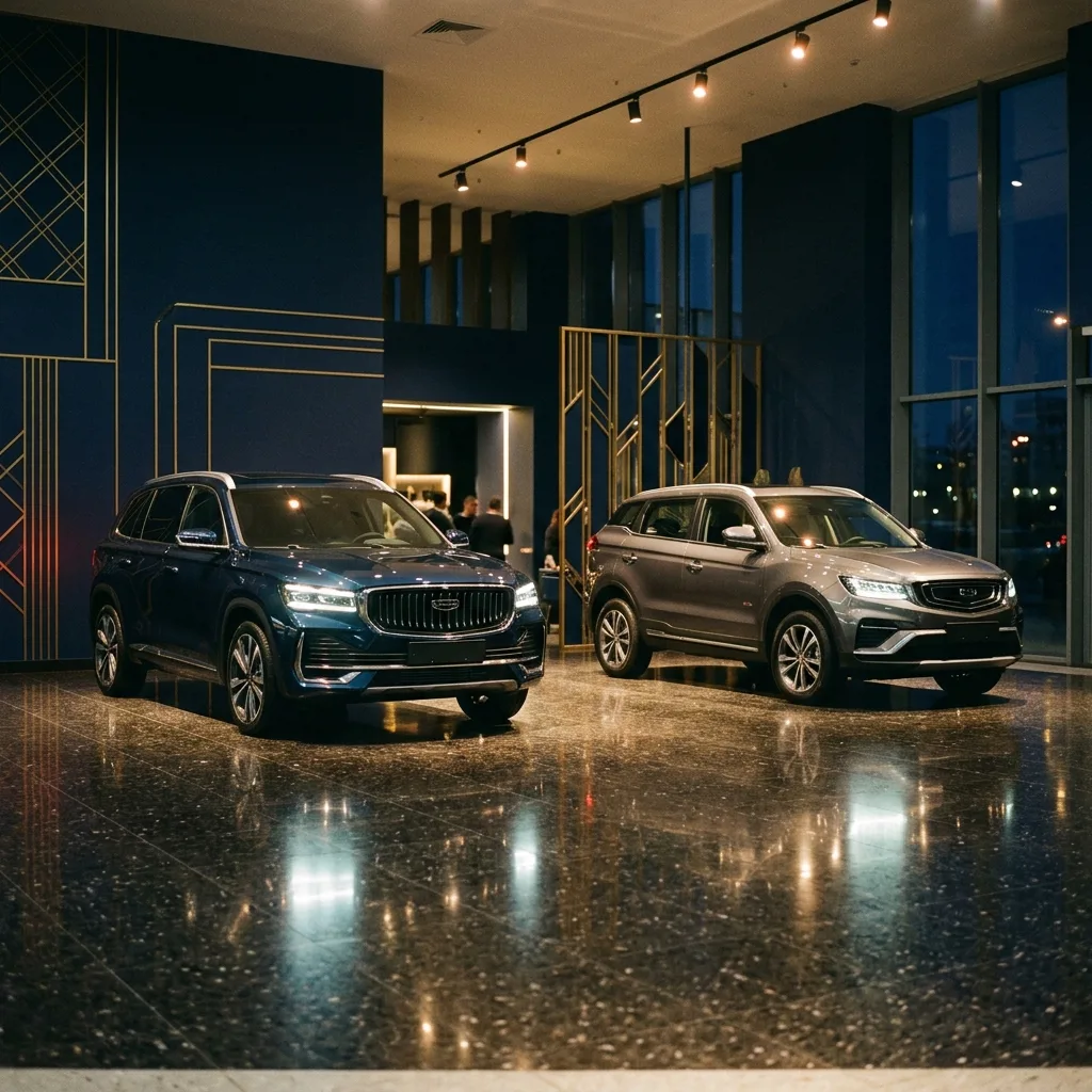 Интерьер автосалона Geely Астрахань с выставленными моделями Atlas и Monjaro