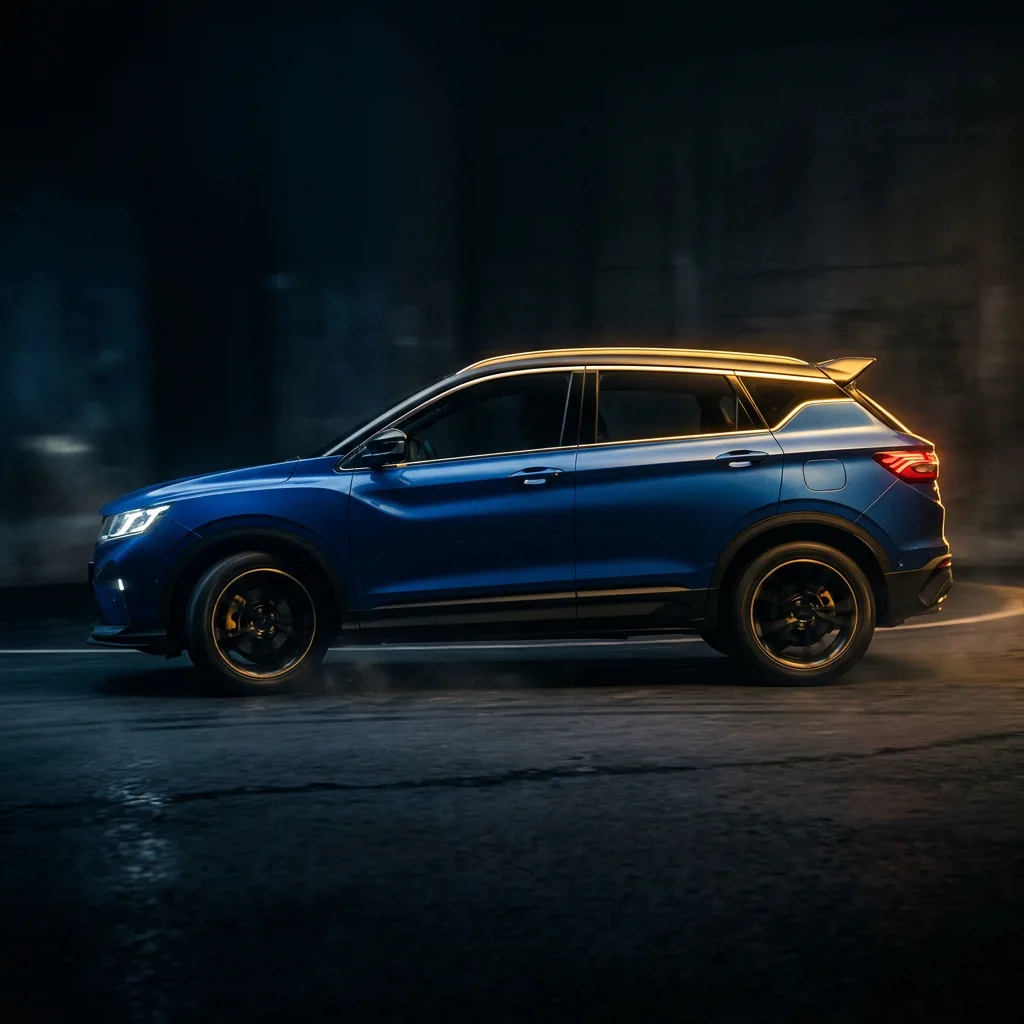 Geely Coolray синего цвета сбоку
