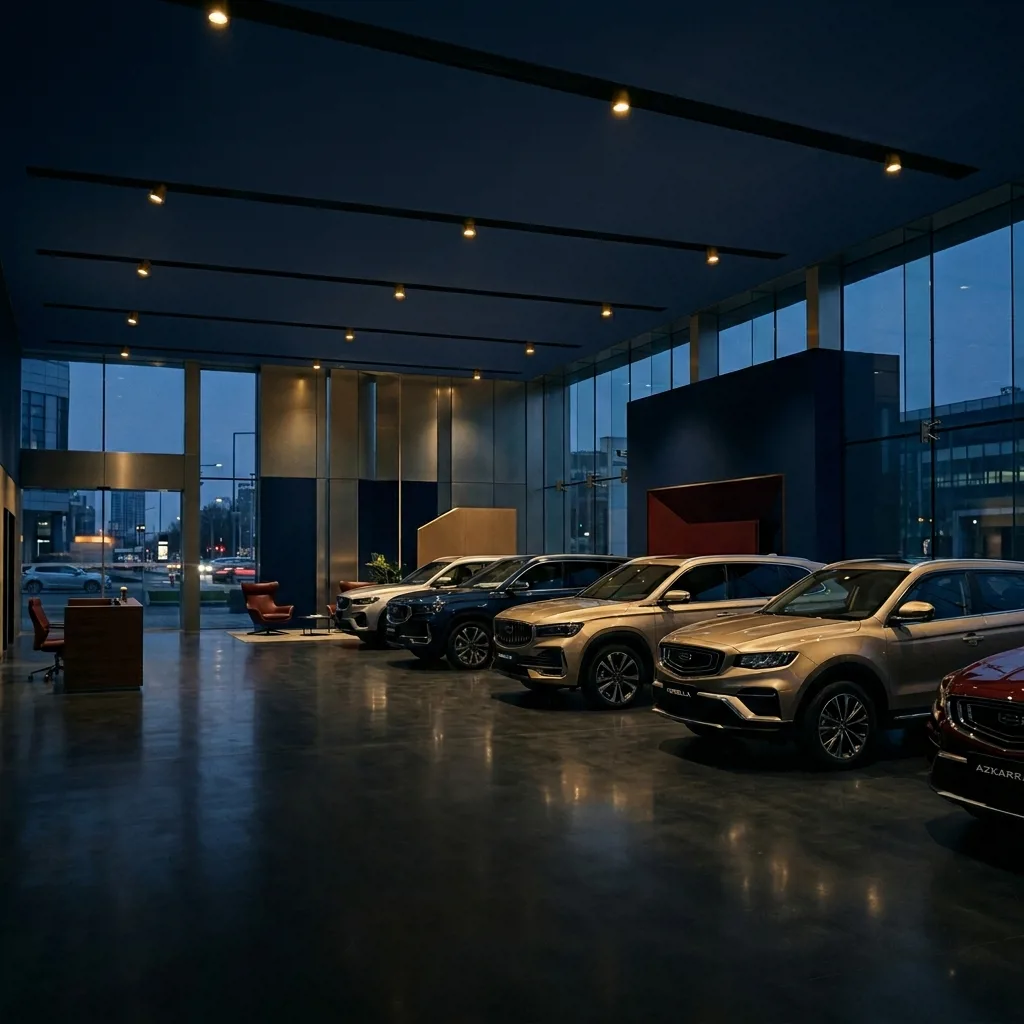 Автомобиль Geely на фоне дилерского центра в Астрахани