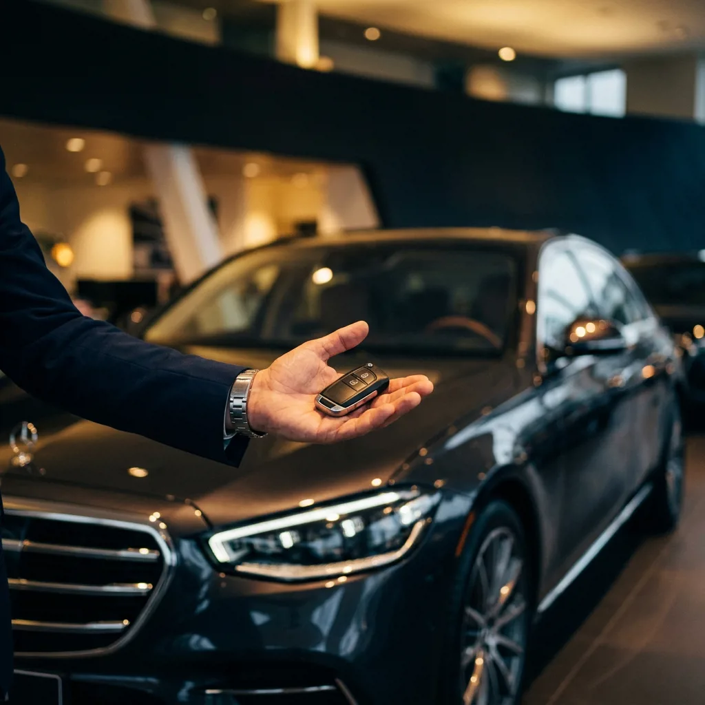 Клиент получает ключи от нового автомобиля Geely после сделки трейд-ин