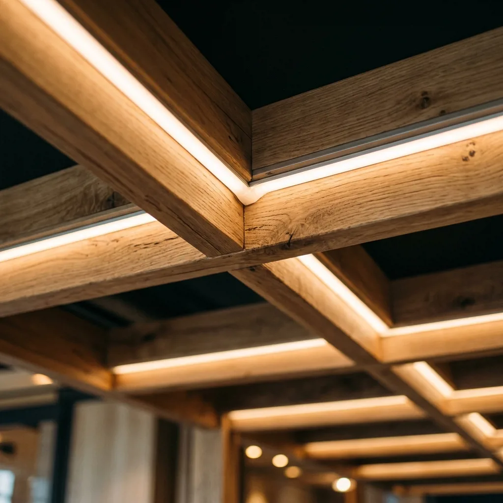 Светильники и LED-лента в ячейках перекрёстных балок