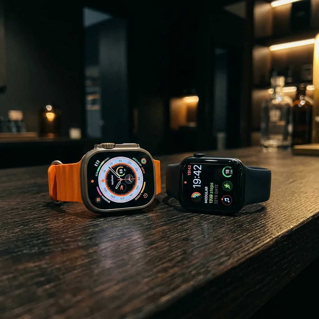 Apple Watch SE и Apple Watch Ultra на прилавке магазина