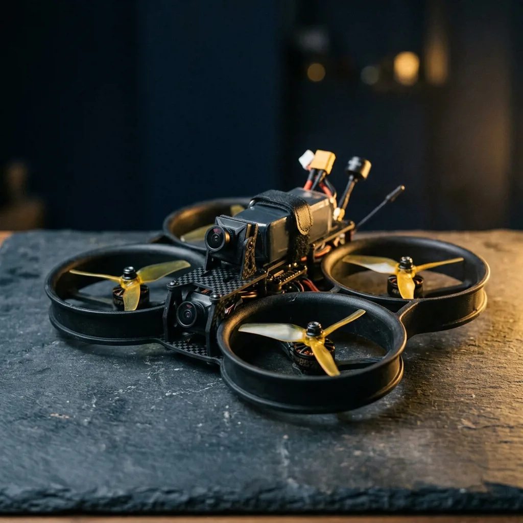 FPV-дрон с защитой пропеллеров крупным планом