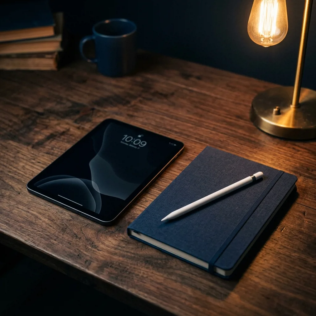 iPad mini 6 лежит на столе рядом с блокнотом и Apple Pencil