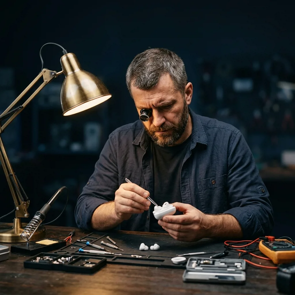 Специалист по скупке проверяет наушники AirPods при клиенте