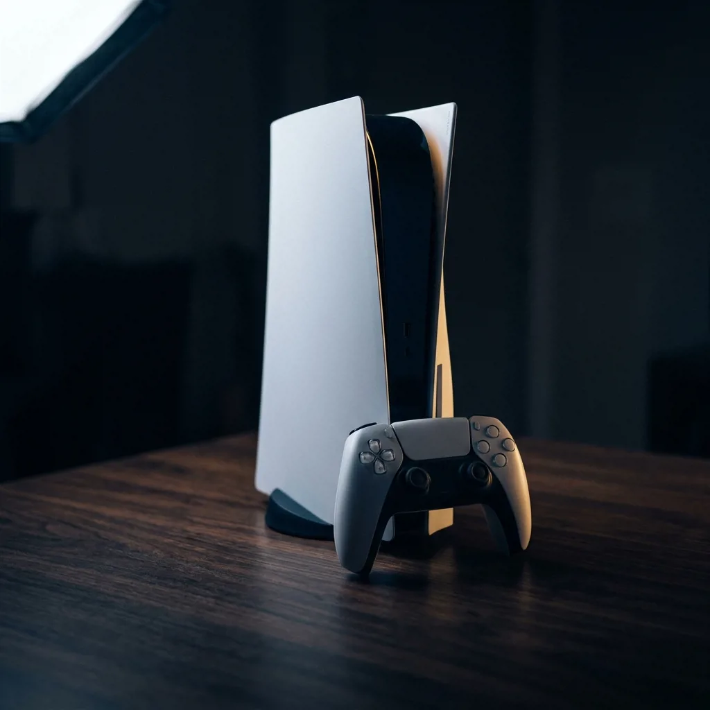Игровая консоль PlayStation 5 с геймпадом на столе