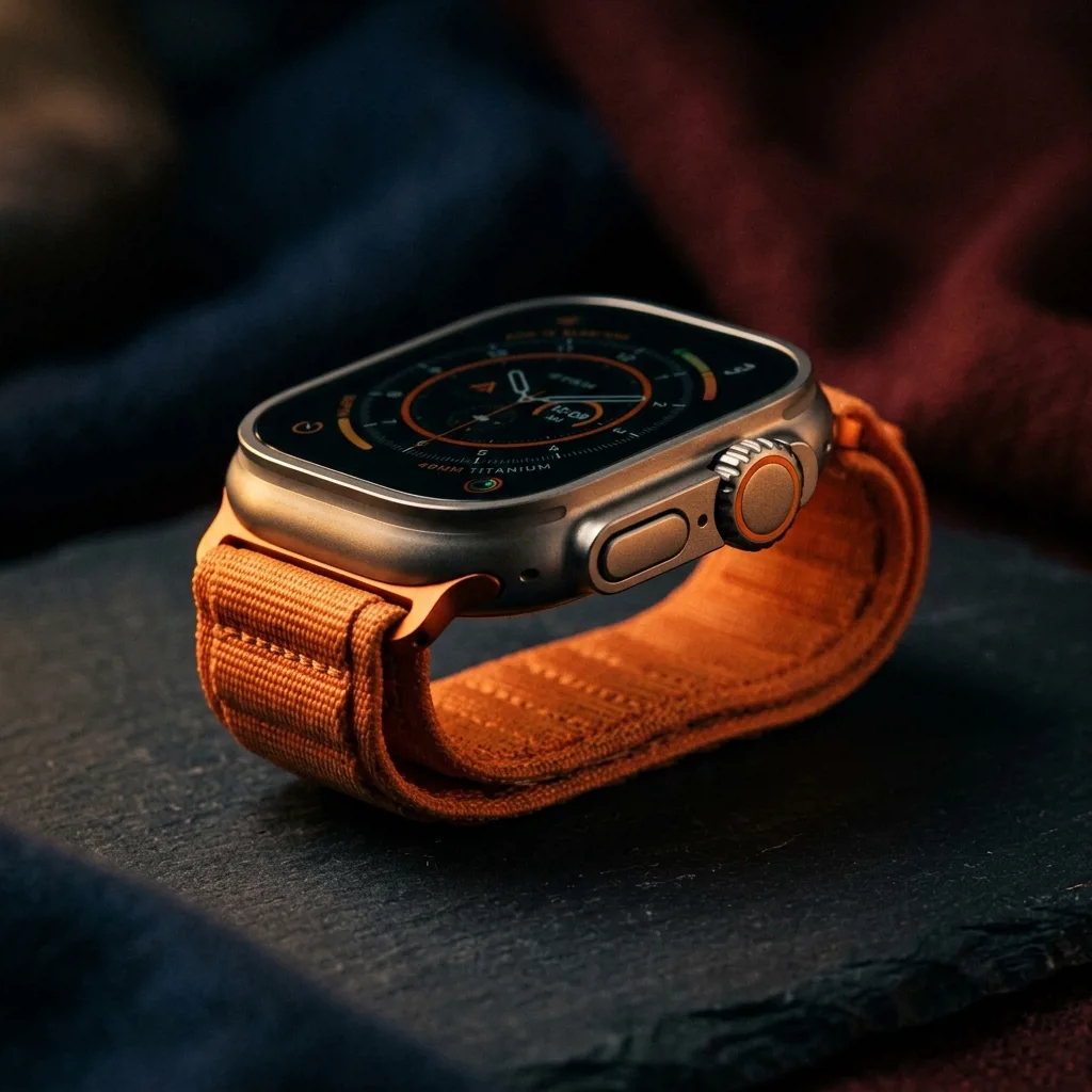 Apple Watch Ultra с титановым корпусом и оранжевым ремешком