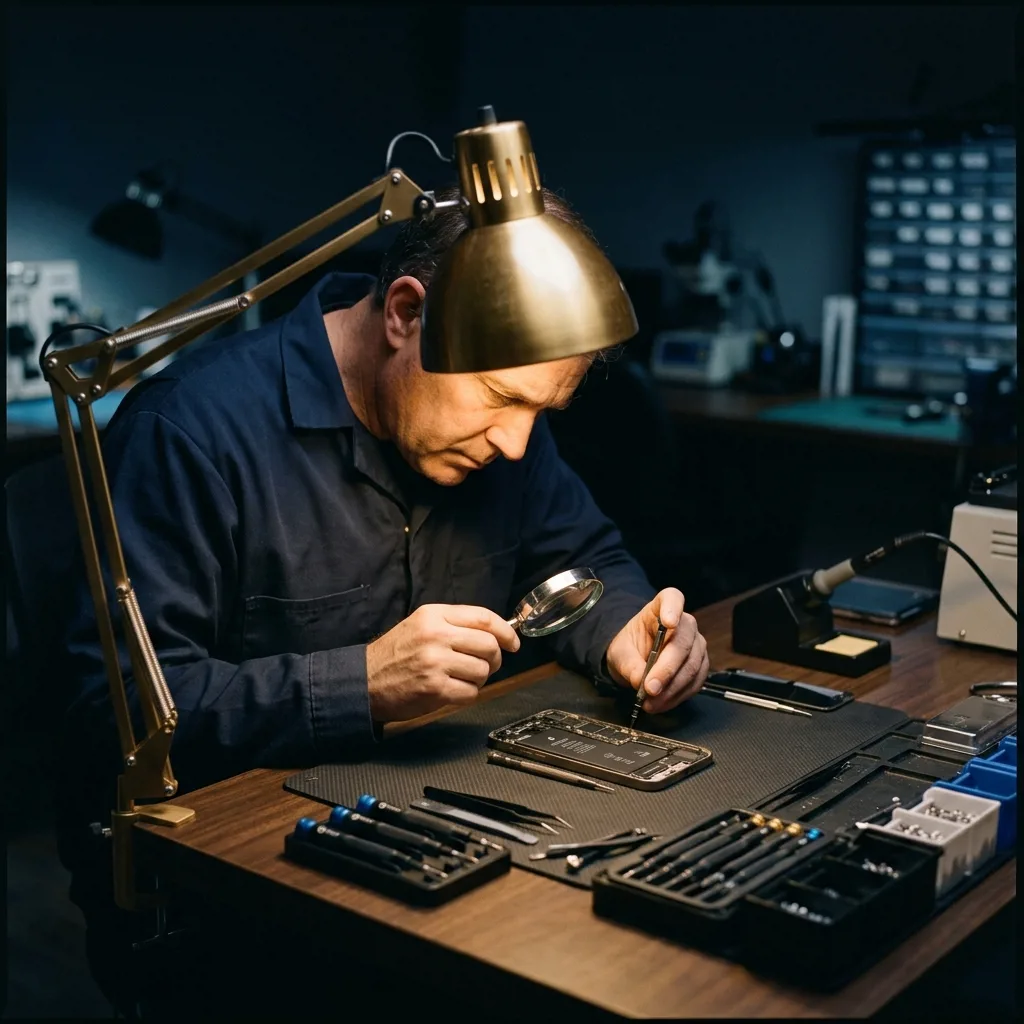 Специалист проверяет iPhone 15 Pro Max перед продажей