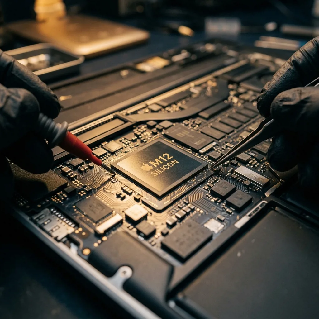 Специалист Re:Скупка проводит диагностику MacBook
