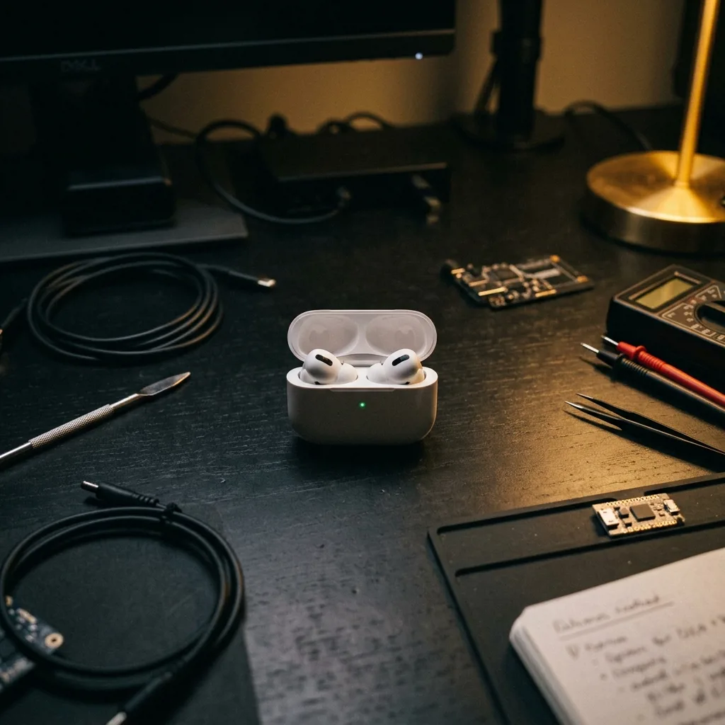 Восстановленные AirPods с кейсом на столе в офисе