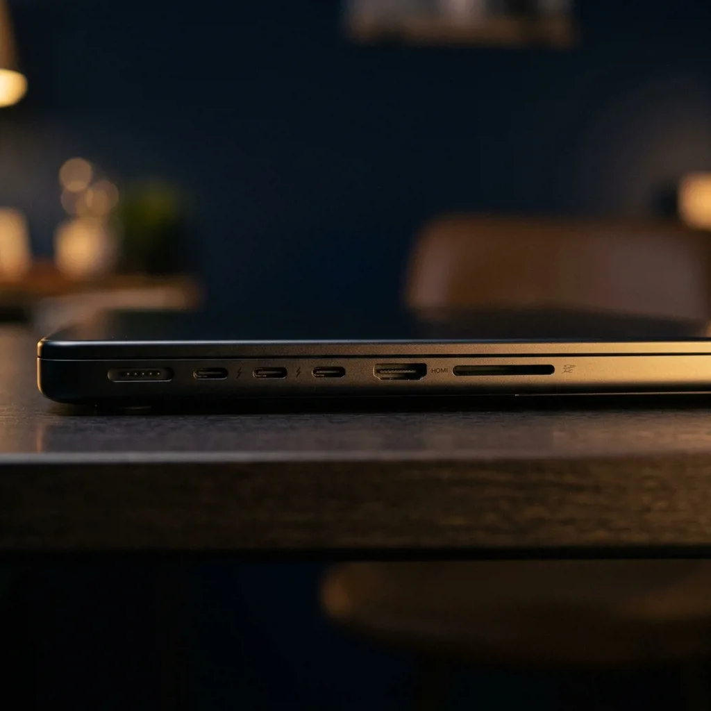MacBook Pro 16 M3 Max сбоку — видны порты Thunderbolt 4, HDMI и MagSafe 3