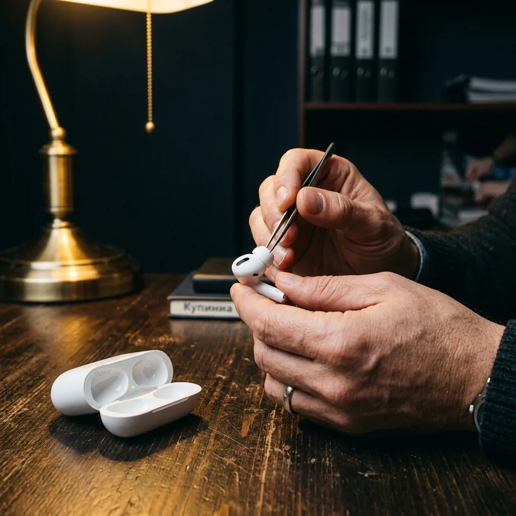 Специалист компании проверяет наушники AirPods перед выкупом в Санкт-Петербурге