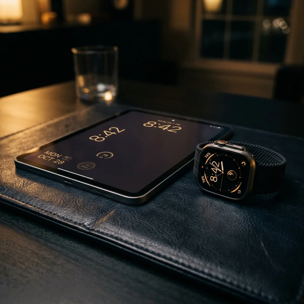 Планшет iPad и смарт-часы Apple Watch рядом на столе