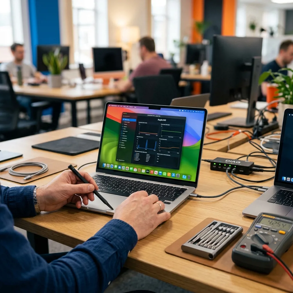 Специалист проводит диагностику MacBook Air 13 M3 перед выкупом