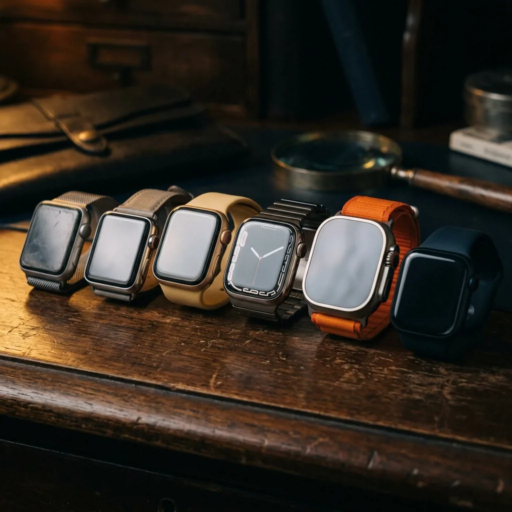 Apple Watch Series разных поколений на столе оценщика