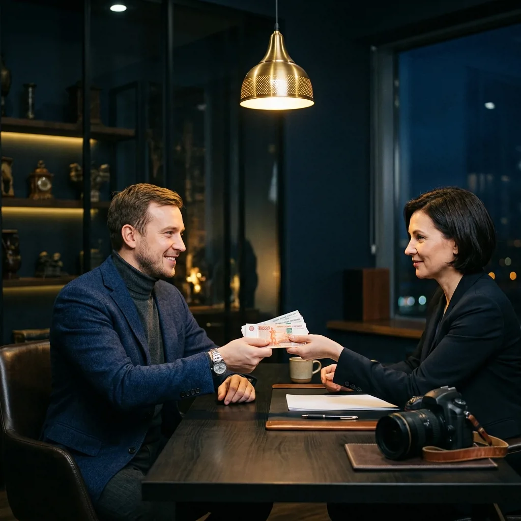 Довольный клиент получает деньги за проданный фотоаппарат