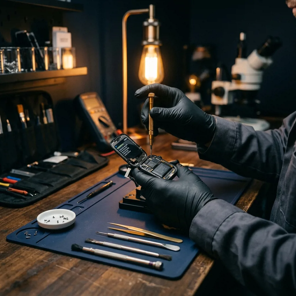 Специалист проводит диагностику Apple Watch перед продажей с гарантией