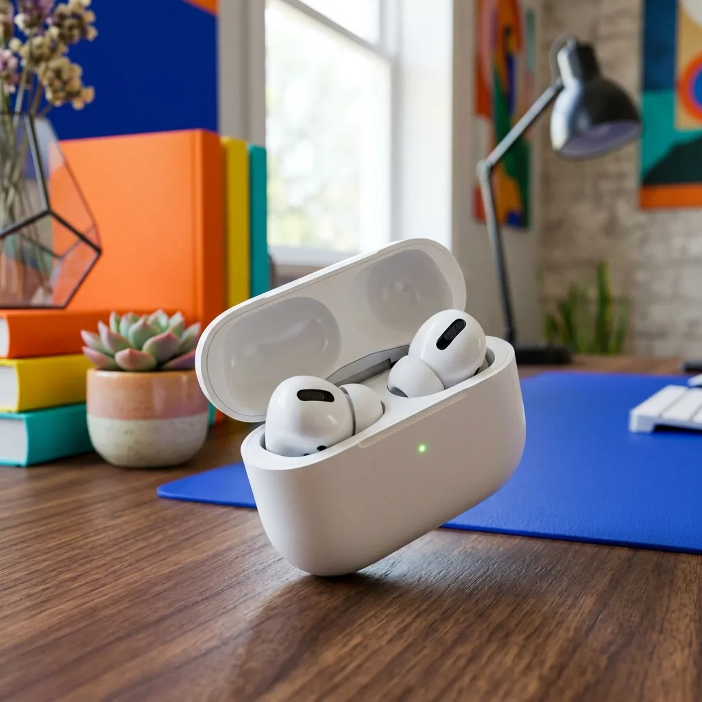 Беспроводные наушники AirPods Pro с зарядным кейсом на столе