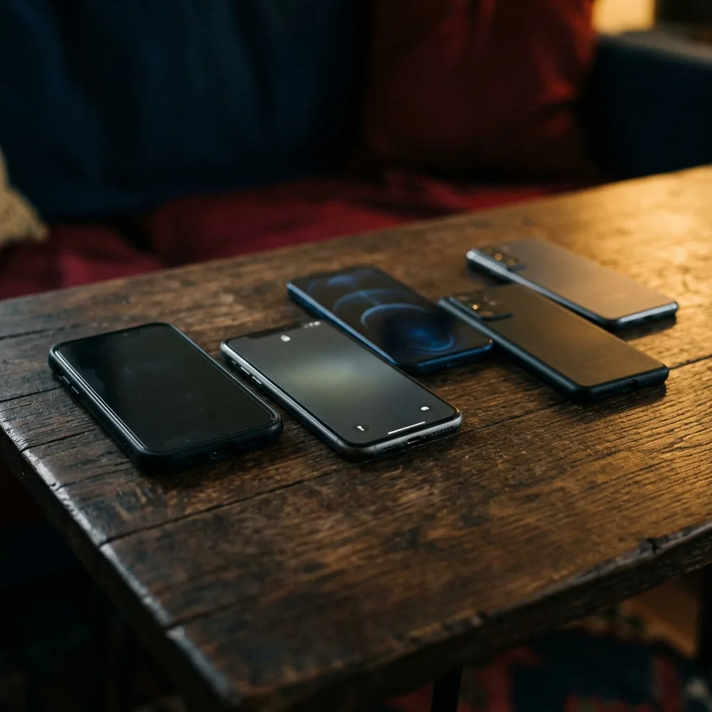 Смартфоны iPhone разных моделей на столе