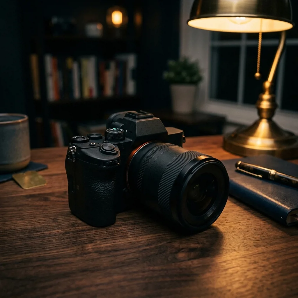 Беззеркальный фотоаппарат Sony с объективом на столе оценщика