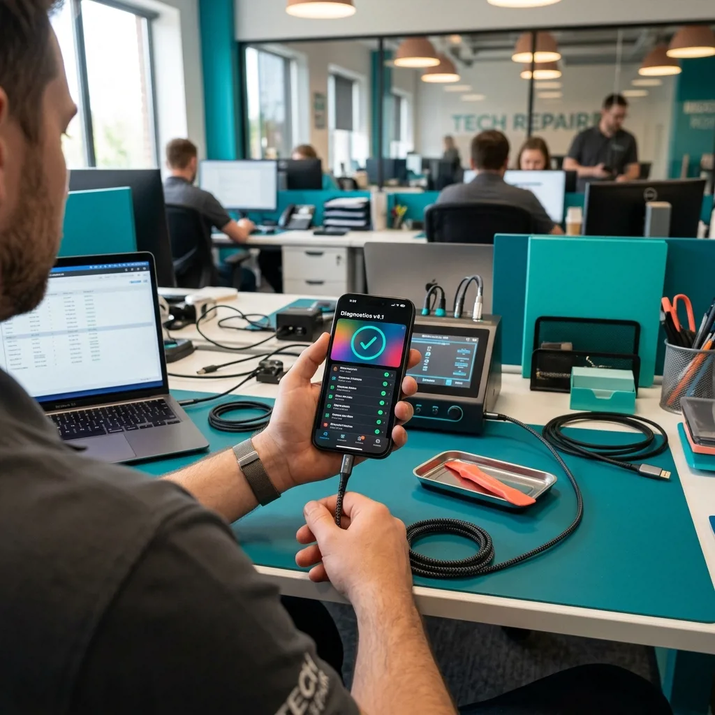 Специалист проводит диагностику iPhone 15 перед выкупом